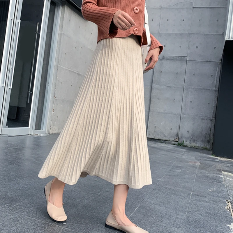 Новая осенне-зимняя женская юбка вязаная однотонная Корейская Империя Милая трапециевидная юбка Женская Повседневная винтажная юбка до середины икры