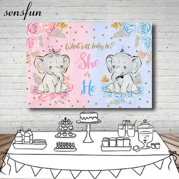 

Elephant What Will Baby Be She Or He Gender Gender Reveal Backdrop For Photography Pink Blue Flowers Glitter Dots Backgrounds