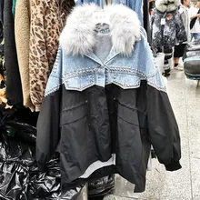 Женское длинное джинсовое пальто с подкладкой из натурального меха, зимняя куртка, плюс велюровая свободная хлопковая куртка с завязками, ветровка для женщин