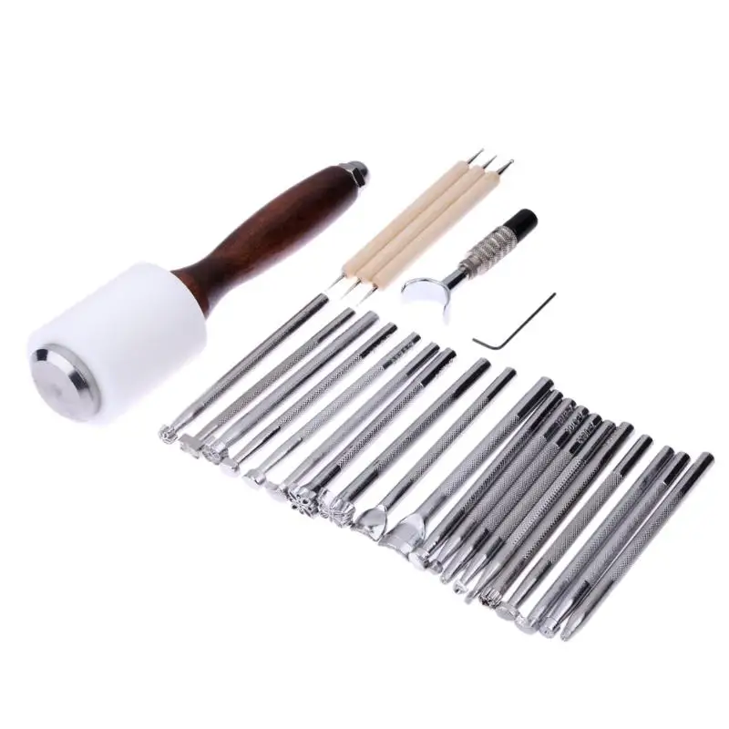 

25PCS/Set Stainless Steel Leather Carving Stamps Hammer Beveler Kit DIY Leathercraft Embossed Leather Hand Tools