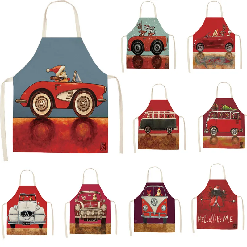 Cartoon Car Christmas Kitchen Children Apron Santa Claus Pattern Adult Women Men Dinner Party Cooking Apron Xmas Decoration