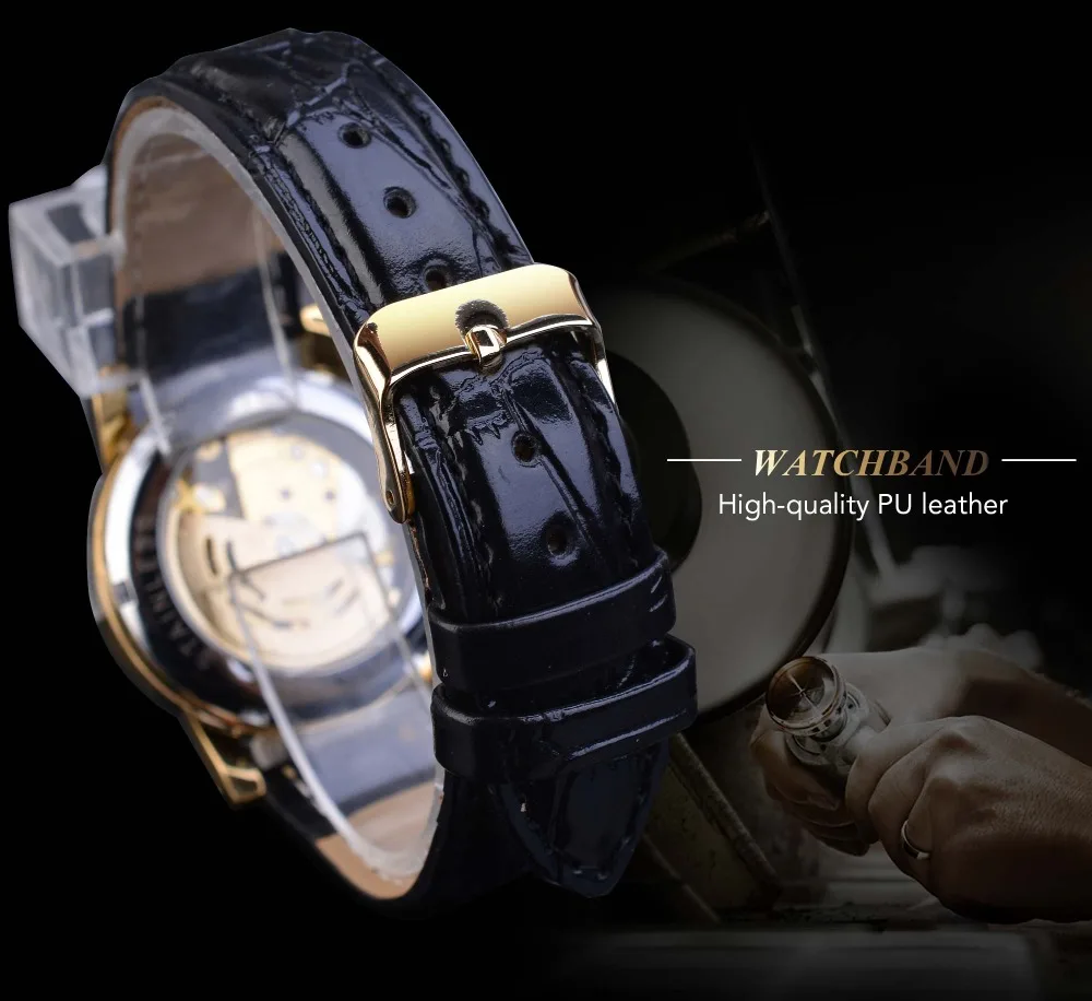 Winner Золотые женские механические часы Автоматические кожаные ремни со стразами романтические дизайнерские женские часы простое платье Montre Femme