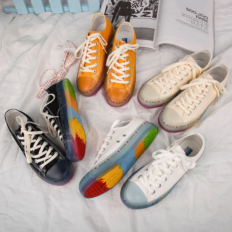 

Girls Summer Casual Shoe Rainbow Sneakers 2019 Autumn New Low Lacing Bright Solid Color Ins Style High Quality Women Canvas Shoe