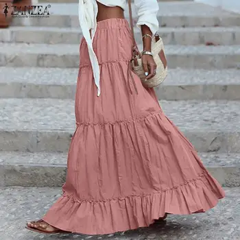 

ZANZEA Plus Size Women Ruffles Pleated Skirts 2020 Spring High Waist Skirts Female Casual Faldas Saia Cotton Solid Vestidos Robe