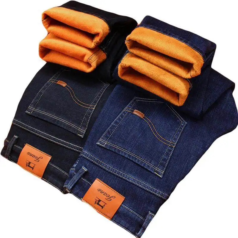 Denim Pants Jeans Trousers Business Black Mens Plus-Size Elasticity Slim Thick Casual
