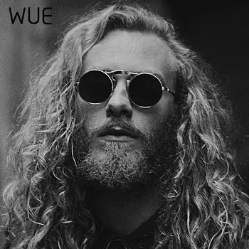 

WUE Vintage Steampunk Sunglasses Round Metal Women Style Retro Flip Circular Double Metal Sun Glasses Men Brand Designer Glasses
