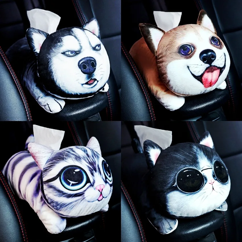 

[Wholesale] 10PCS MIX 3D Plush Cartoon Car Tissue Boxes Cute pet-shaped cat dog Auto Portable Paper Napkin Holder Box