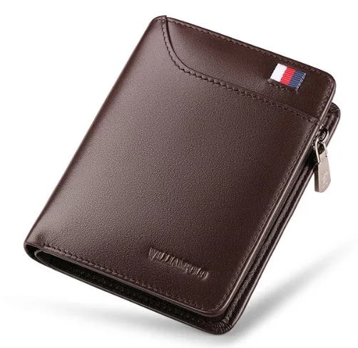 Фирменный кожаный мужской бумажник с картонным стандартом для мужчин, роскошные короткие кошельки, сумки на молнии и кошельки для отдыха - Цвет: Brown