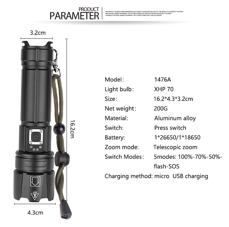 XANES 1476A XHP70 1500 люмен 5 режимов USB Перезаряжаемый масштабируемый светодиодный фонарик на открытом воздухе 18650/26650 фонарик портативный светодиодный прожектор