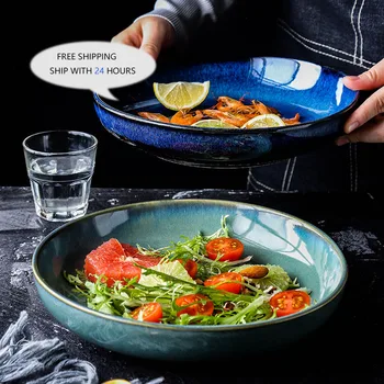 

Japanese Style Simple Ceramic Underglaze Dark Round Flat Plates Western Steak Kitchen Environmentally Friendly Tableware