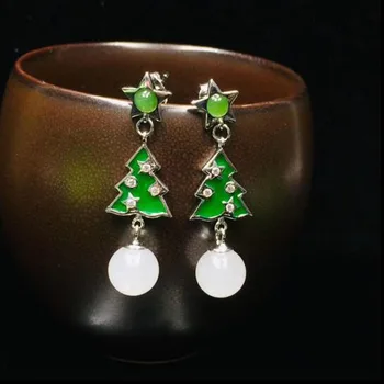 

Delicate Cute Solid 925 Silver White Jade Inlay Christmas Tree Style Stud Earrings For Women Natural Fine Jewelry Xmas Gift