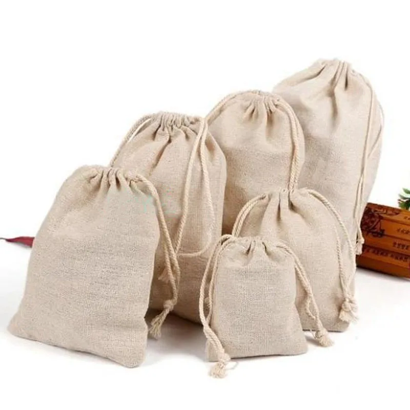 Natural Linen Gift Bags 5x7cm 7x9cm 9x12cm 10x15cm pack 50 Birthday Wedding Party Candy Jute Pouch Custom Logo Jewelry Sack louleur gold silver color 7x9cm 9x12cm drawstring velvet bag wedding gift bags metallic foil jewelry packing bags