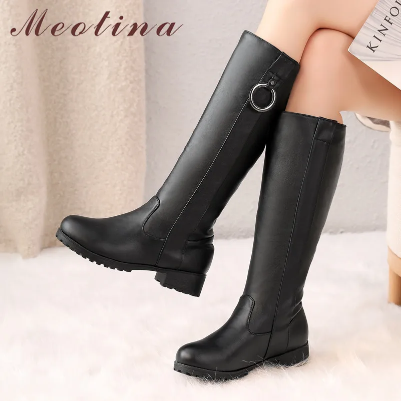 

Meotina Women Boots Winter Riding Boots PU Leather Thick Heels Knee High Boots Fashion Round Toe Shoes Lady Fall Plus Size 34-46