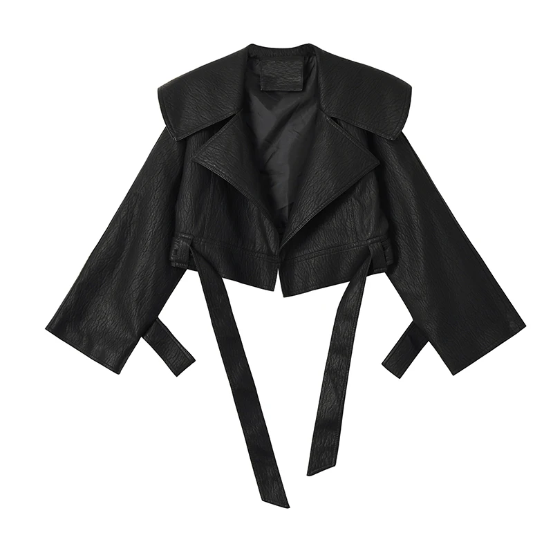 [EAM] короткая куртка свободного кроя из искусственной кожи с поясом, новинка, Женское пальто с отворотом и длинным рукавом, модное осенне-зимнее пальто 1B773 - Цвет: black