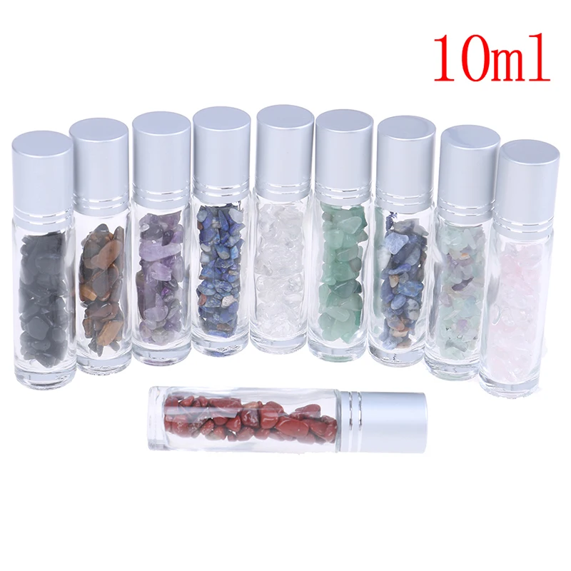 10ml Natural Semiprecious Stones Essential Oil Gemstone Roller Ball Bottles Transparent Glass Healing Crystal Chips Inside