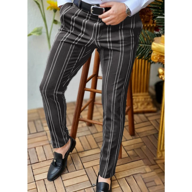 Mens Business Casual Plaid Pencil Pants Straight Slim Fit Office Trousers  Party