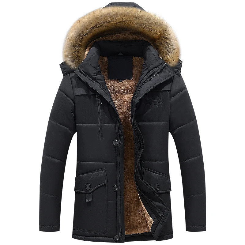 8XL, мужская куртка, утолщенная, зимняя, плюс бархат, Мужское пальто, с капюшоном, одноцветная, мужская, толстая, теплая, мужская, s, ветрозащитная, высокое качество, парка, ZA289 - Цвет: Black Parka