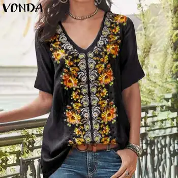 

VONDA 2020 Summer Shirts Oversized Women Vintage Printed Short Sleeve Blouses Femme Bohemian Beach Blusas S-5XL Loose Tops