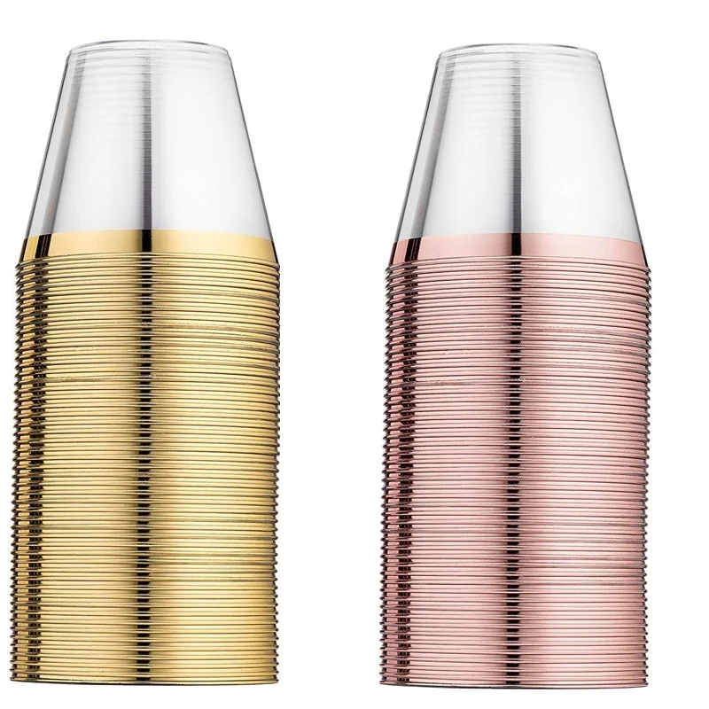 

25pcs/50pcs Rose Gold Plastic Cup Disposable Gold Tumblers Weddings Party Utensils Decorative Transparent Gold Beverage Cups 9OZ