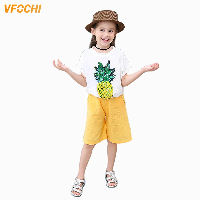VFOCHI/новые комплекты одежды для девочек летняя футболка с короткими рукавами для девочек + шорты, комплект детской одежды с принтом ананаса