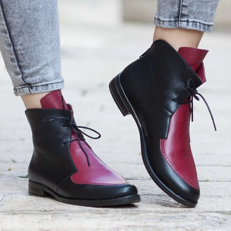 

Women Ankle Boots Winter Warm Riding Equestr Shoes Woman Fur Inside Artificial Leather Lace Up Shoes Platform Plus Size