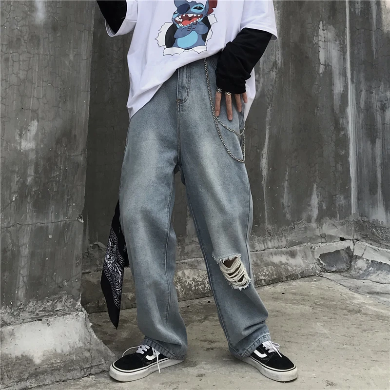 Джинсы мужские дырявые модные потертые однотонные повседневные Прямые джинсовые брюки мужские уличные свободные джинсы в стиле хип-хоп
