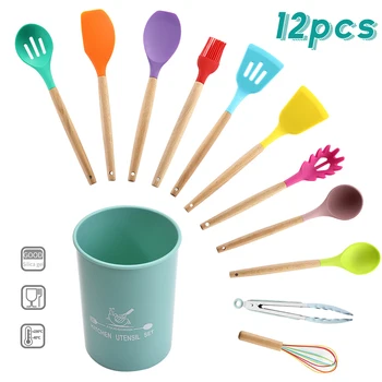 

12pcs Colorful High Temperature Resistance Silicon Kitchenware Set Non-stick Pan Cooking Spatula Spoon Wooden Handle with bucket
