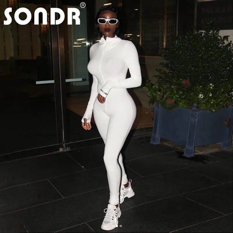 

SONDR Women Workout Jumpsuits Ribbed Rompers Women Skinny Active body Sexy Sporty Long Sleeve Fitness Embroidery Zipper Jumpsuit