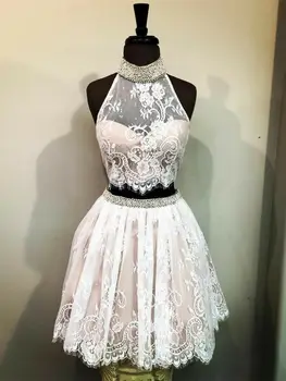 

A-Line Short Lace Two Pieces Homecoming Dresses Halter Knee Length Zipper Back Graduation Dresses for Juniors