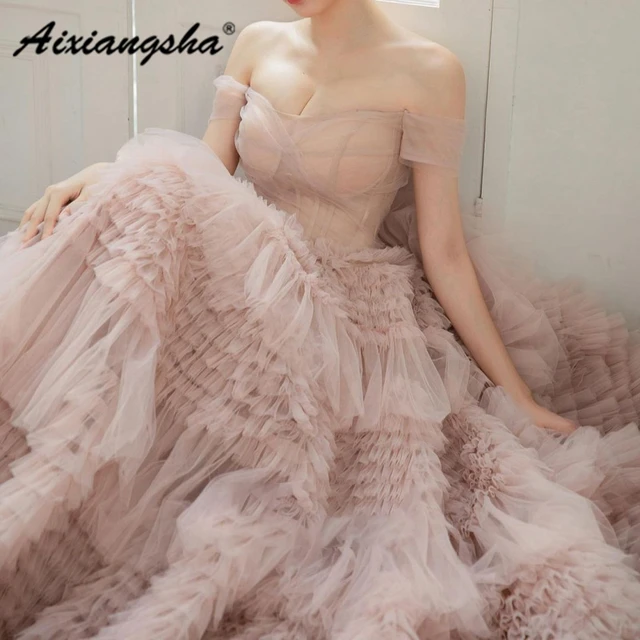 Aixiangsha Smoky Pink Evening Dresses Cake Tiered Off The Shoulder Celebrity Princess Gowns See Through New Arrival smoky pink