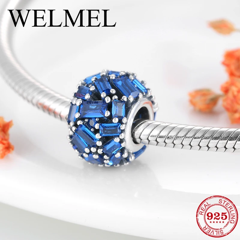 

New 925 Sterling Silver Square Blue CZ Round shape Charms beads fit Original Diy Pandora Charms Bracelet Jewelry making