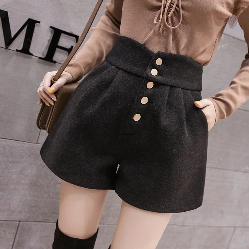 Корейская Высокая талия шерстяные шорты женские уличная осень зима кнопки карманы широкие ноги шорты плюс размер черные сексуальные шорты femme - Цвет: black