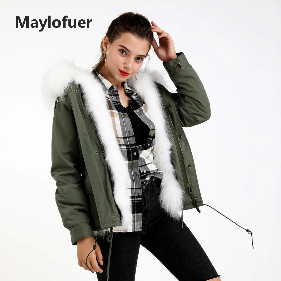 

Maylofuer Real Fox Fur Parka Short Design Raccoon Fur Collar Hood Jacket Women Fur Coat Pure White Fox Fur Coat