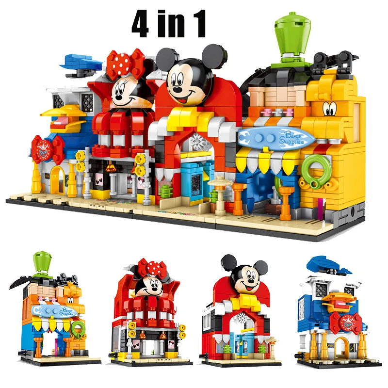 

new Disney Mickey Minnie New Street View of the City 4 in 1 Building Model building block girl toys suit Children toys Gift