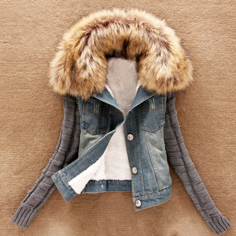 

2019 Women Winter Denim Jacket Plus Size Short Jeans Coat Wool Sleeve Fur Collar Thick Cotton Basic Outwear Spring Jeans Jackets