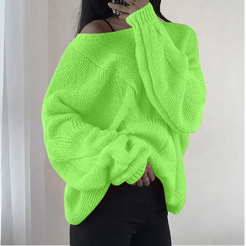 neon green BKLD вязаный свитер, топы, Повседневный свитер с длинным рукавом, однотонные свитера, свободная модная женская одежда, новинка, Осенний неоновый свитер - Цвет: neon green