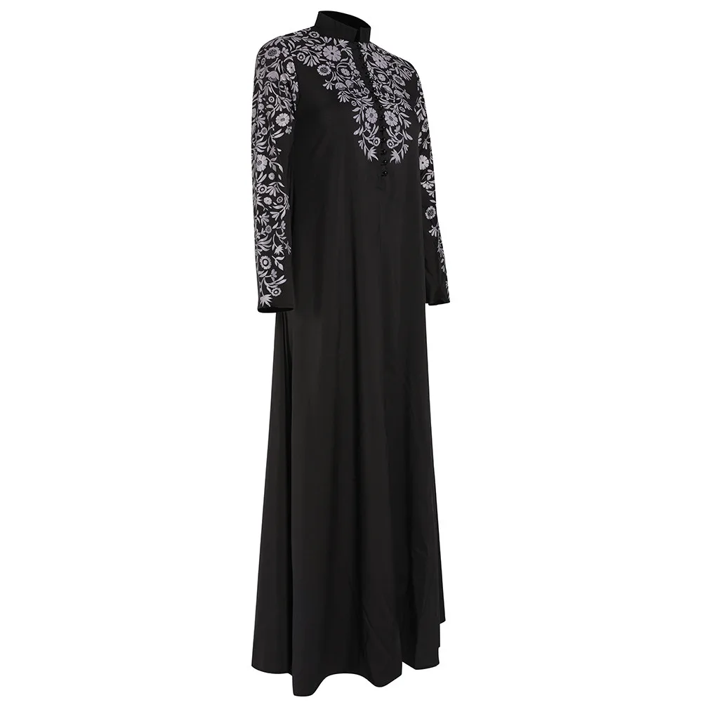 Осень для женщин; Большие размеры с печатным рисунком и длинным рукавом Абая, головной платок мусульманский Макси платья Повседневный кафтан длинное платье халаты туники# J30