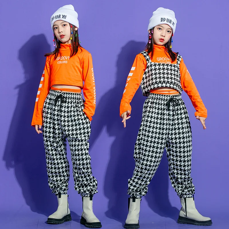 

Kid Hip Hop Clothing Crop Top Long Sleeve Shirt Houndstooth Vest Streetwear Jogger Pants for Girl Jazz Dance Costume Clothes