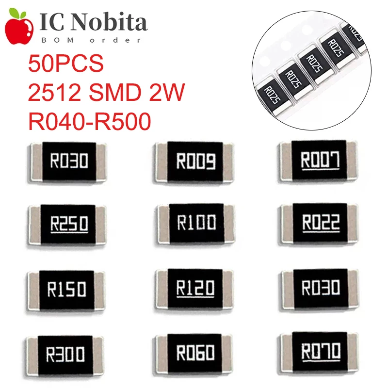 50PCS 2512 SMD 2W 1 Alloy Resistor Resistance R040 R050 R060 R070 R100 R120 R150 R200 R250 R300