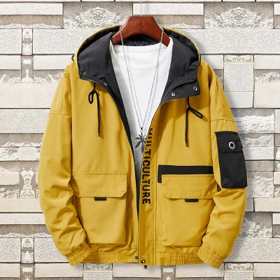 Золотой Большие размеры 6XL 7XL 8XL мужские куртки в Корейском стиле в стиле пэчворк уличная куртка с капюшоном осеннее тонкое пальто на молнии с буквенным карманом - Цвет: Золотой