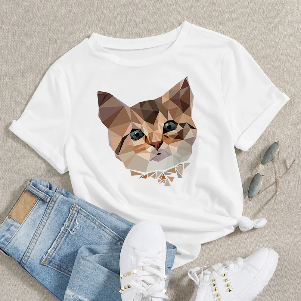 

Summer New Geometry Style T-shirt Women Aesthetic Cute Cat Print Modern Girl Short sleeve Top Streetwear Punk O-neck Tshirt