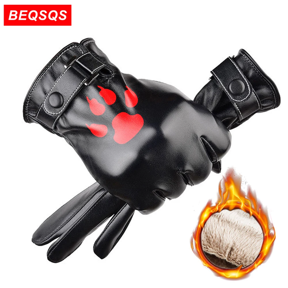 

BEQSQS 1Pair Men PU Leather Gloves Touch Screen Gloves Full Fingers Winter Gloves Thicker Warm Windproof Driving Gloves
