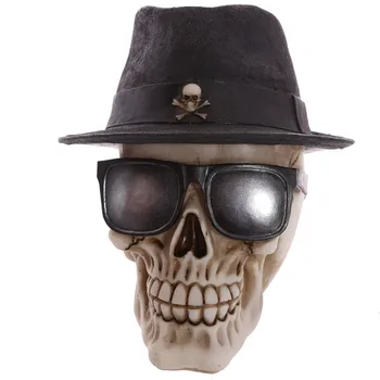 

[MGT] Kull In Trilby Hat Glasses Human Figurine Statue Bone Gothic Skull Head Decorative Horror Ornament Table Top Skeleton Head