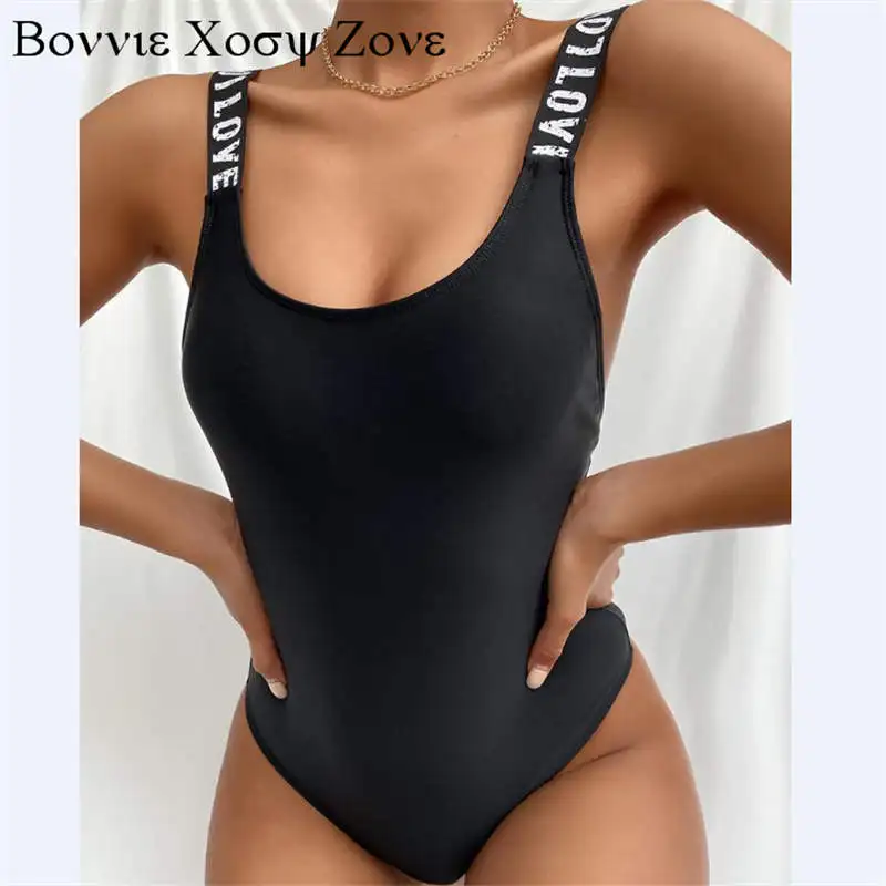 

Women Summer U-Neck Letter Print Crisscross Backless One-Piece Swimsuit Skinny Vacation Swimwear