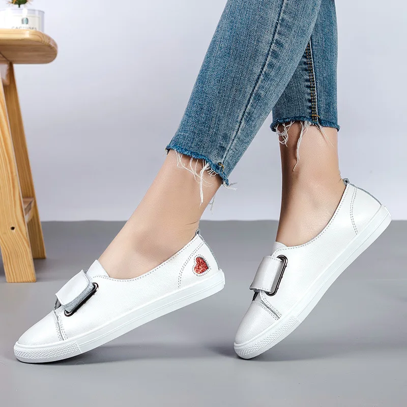 

New Style Spring And Autumn Casual WOMEN'S Genuine Leather Shoes Simple Anti-slip Wear-Resistant Students White Shoes Heart Spor