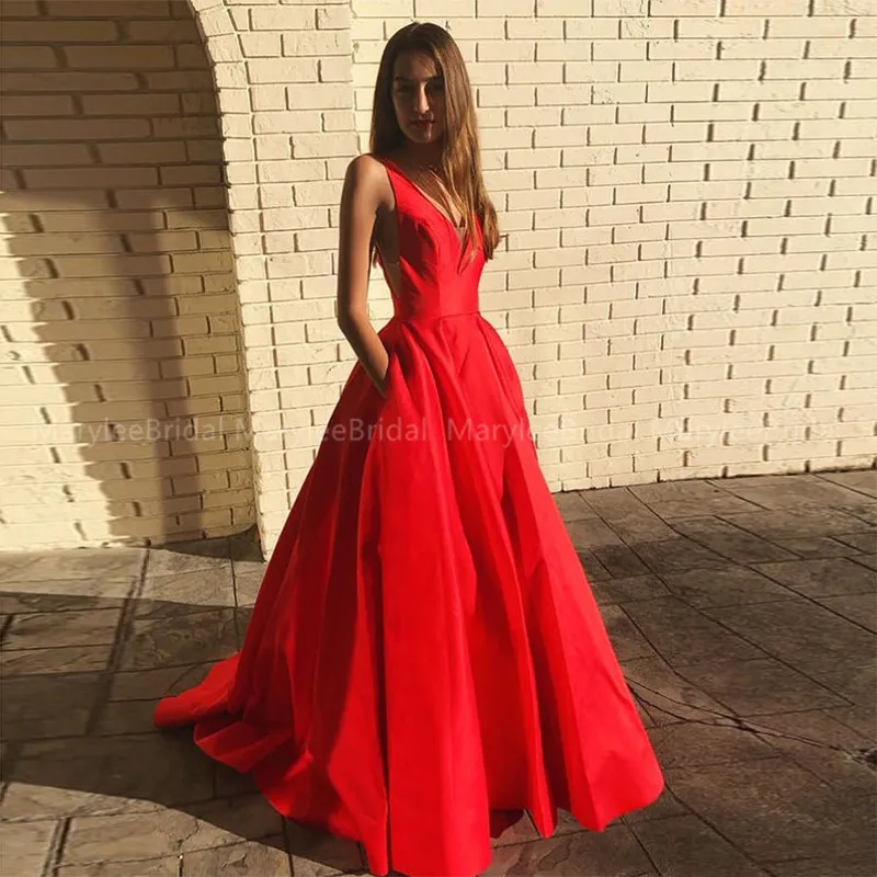 Простое длинное платье для выпускного вечера с v-образным вырезом и карманами, ТРАПЕЦИЕВИДНОЕ ПЛАТЬЕ, красные атласные вечерние платья для выпускного вечера