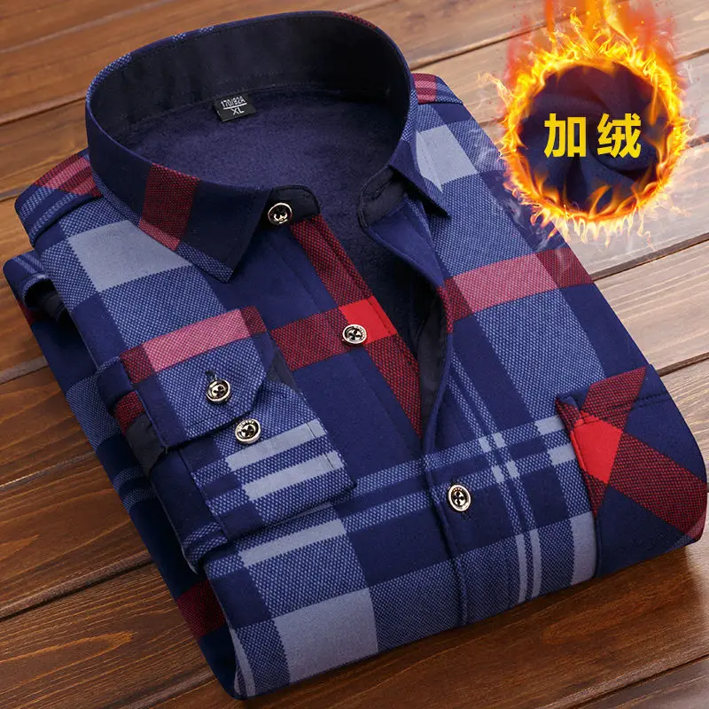 New Autumn Winter Men Fleece Shirt Fashion Plaid Thick Keep Warm Shirt Male Print Long Sleeve Business Big size L-6XL