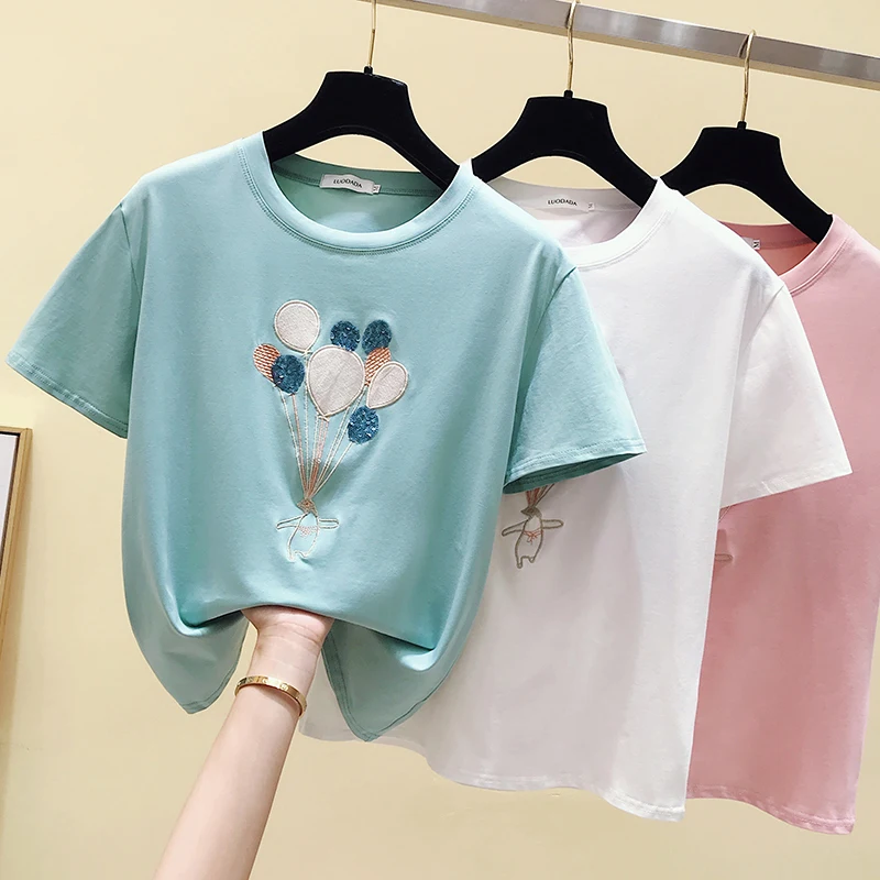 

gkfnmt Summer Pink T shirt Women Tops Kawaii Embroidery White Tshirt Women Korean Clothes Short Sleeve Casual Tee shirt Femme