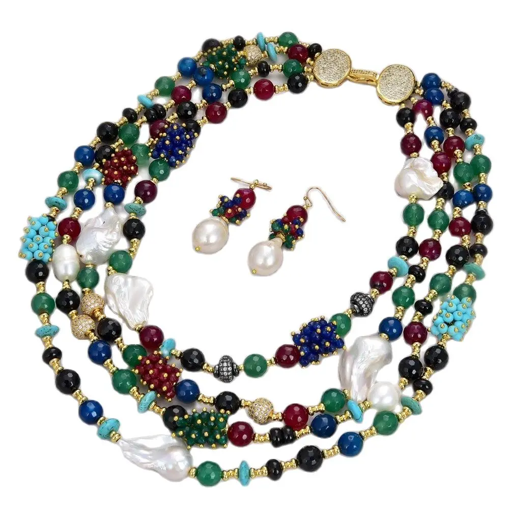 

GG Jewelry 4 Strands White Keshi Pearl Agate Jade Turquoise Cz Necklace Earrings Set