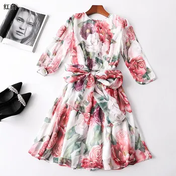 

New summer of 222402 ladies dress zipper printing after nine points sleeve round collar
